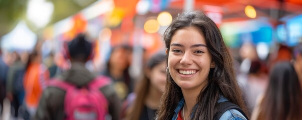 Smiling young woman enjoying a vibrant outdoor festival