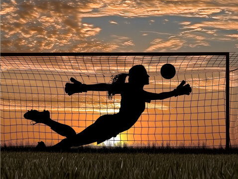 Female soccer goalkeeper making a save at sunset - Powered by Adobe