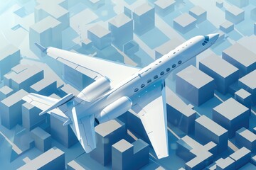 Obraz premium Aerial view of a city with towering buildings and a white jetliner flying overhead