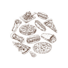 Hand-drawn  monochrome sketches of street food, takeaway food, fast food, junk food. Burgers,  chips, pizza, hot dogs, burritos, tacos, set. Great for menu.