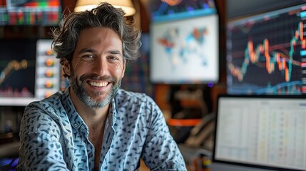 Obraz premium Confident Trader: A portrait of a successful and confident male trader, surrounded by screens displaying financial data, exudes optimism and success. 