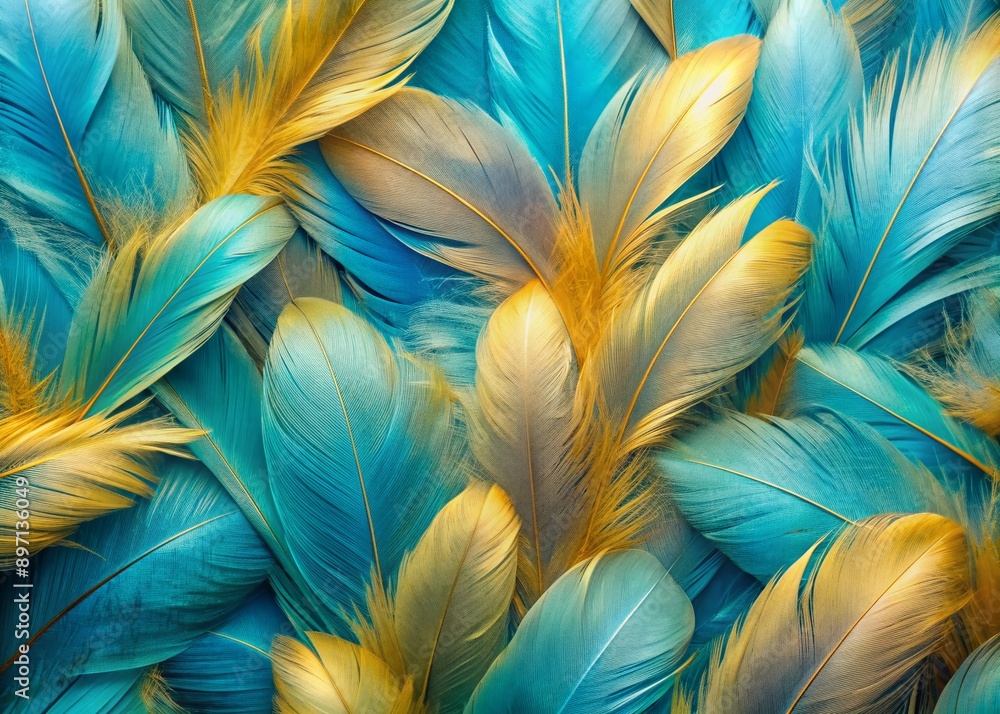 Poster vibrant light blue and gold feathers from a tropical bird create a stunning macro texture background