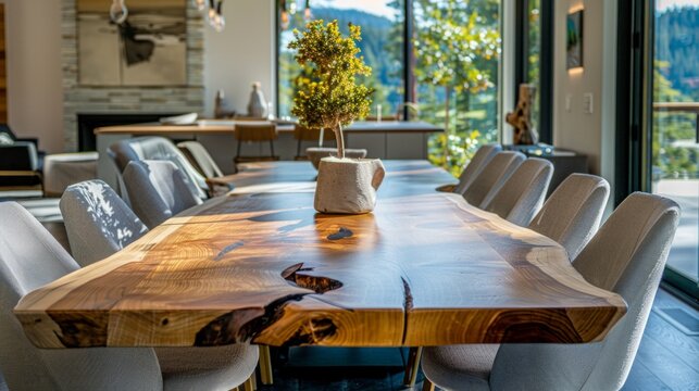Expensive vintage furniture. The table is covered with epoxy resin and varnished. Luxury quality wood processing.