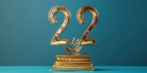 : Vintage Number 22 Golden Trophy on Blue Background