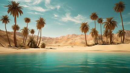 Fototapeta premium photograph of a secluded turquoise oasis nestled amidst towering sand dunes, with palm trees swaying gently in the breeze