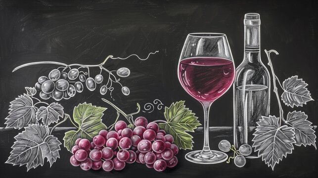 Hand-drawn chalk icon of wine and grapes on textured blackboard. 