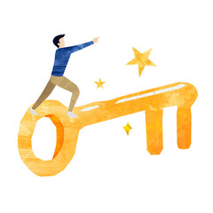 PNG Man holding key, business success paper craft collage