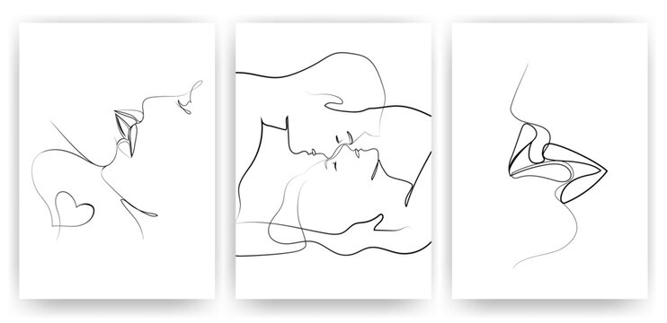 Kisses of lovers One line drawing posters print covers set.Young people kissing hand drawn wall decor composition in Minimal line art style.Love and relationships concept illustration.Vector graphics