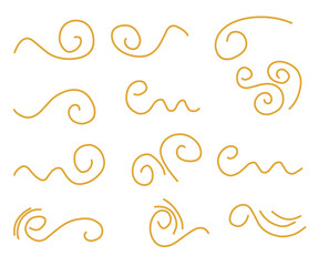 Doodle wind line sketch set. Hand drawn doodle wind motion, air blow, swirl elements. Sketch drawn air blow motion, smoke flow art, abstract line. Isolated on white background . vector illustration.