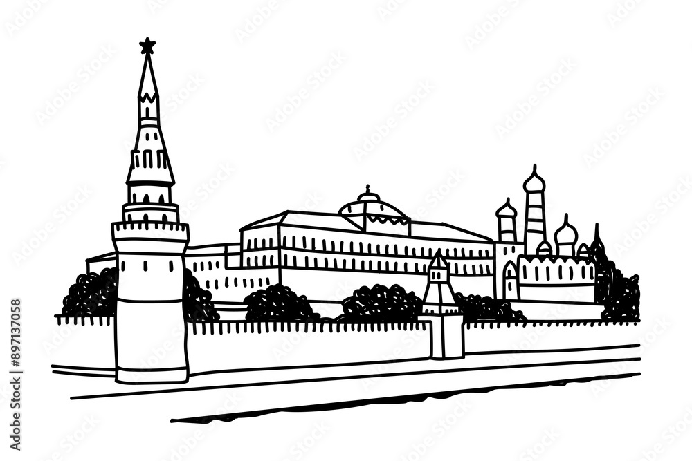 Wall mural PNG Kremlin Russia doodle illustration, transparent background