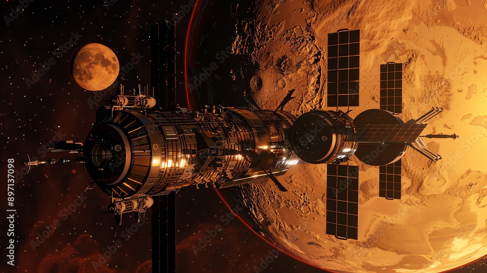 Poster spacecraft orbiting mars with a moon in the background.