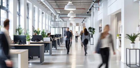 Workspace, blur or business people walking in office, company or workplace with computer on shared desk. Busy, motion or group in coworking space for rush, workflow or moving fast to meeting in lobby
