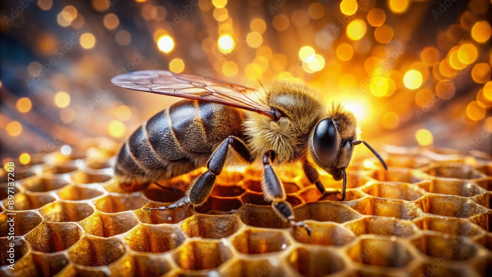 Poster macro view of a busy bee on a honeycomb cell, showcasing intricate bee hair and honeycomb patterns, 