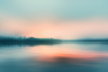 Fototapeta premium Blurred Sunset Over a Calm Lake, Capturing Soft Colors and Serene Atmosphere, Concept of Tranquility and Beauty. Generative AI