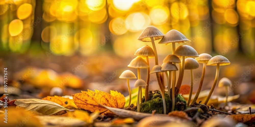 Poster delicate small mushrooms on the forest floor, surrounded by fallen leaves and twig debris, blur into