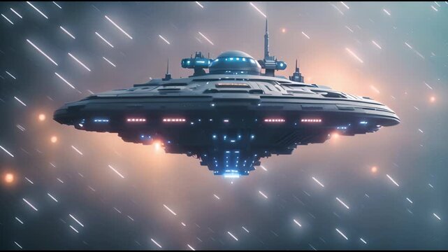 Flying in universe in the sky among the stars futuristic alien UFO spaceship, sci-fi wallpaper.