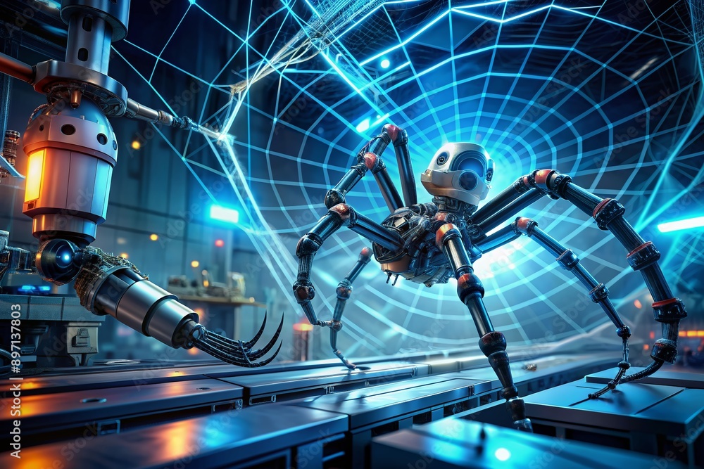 Poster advanced robotic spider hybrid craftily weaves intricate web within futuristic laboratory setting, s