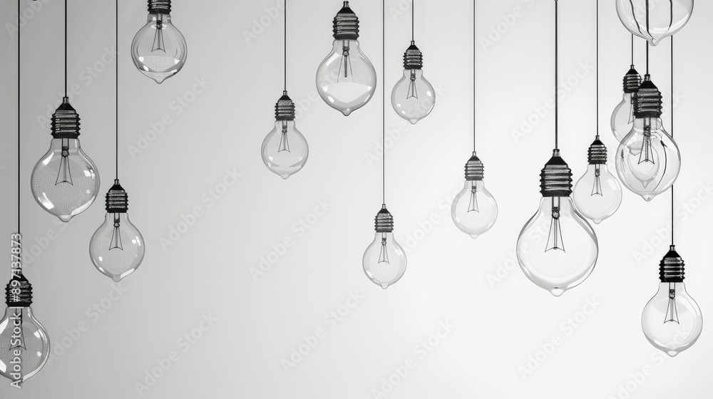 Poster minimalistic design with multiple hanging light bulbs, symbolizing creativity and ideas. ideal for m