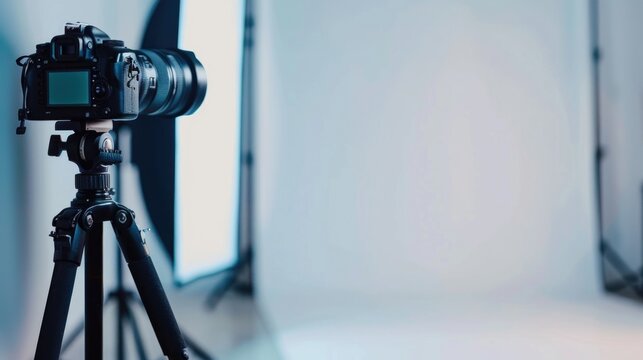 Camera on a tripod close-up against the backdrop of a photo studio in white colors.