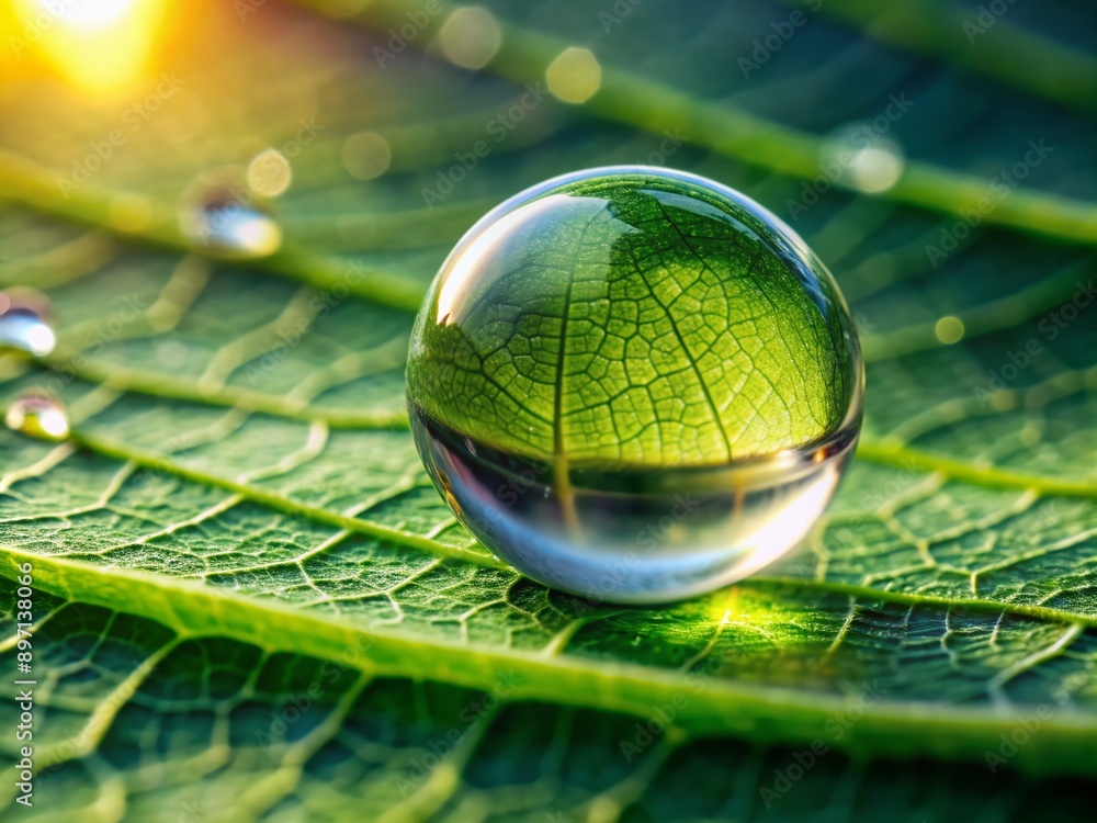 Poster delicate water droplet clings to leaf's waxy surface, showcasing its perfect spherical shape and tra