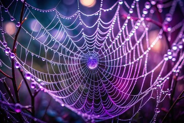 Vibrant purple hues illuminate intricate threads of a delicate spider web, suspended in darkness, evoking an eerie yet mesmerizing atmosphere, with subtle dew droplets glistening.