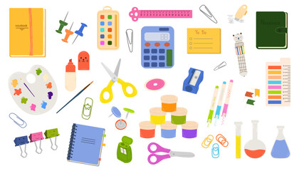 School supplies set. Cute school stationery and art set. Vector flat illustration in hand drawn style. Back to school
