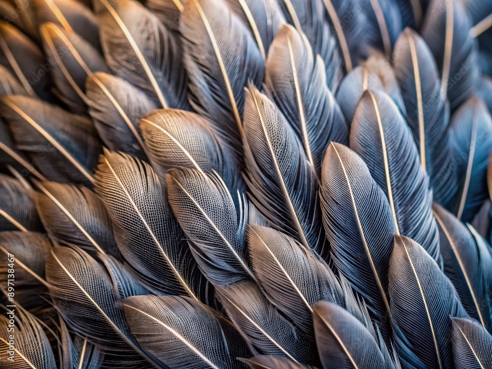 Poster _close-up of intricate black and grey bird feathers showcasing delicate patterns and textures agains