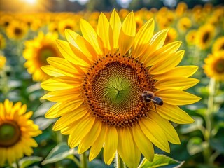 Fototapeta premium Vibrant yellow petals of a young fall sunflower surround a busy bee as it collects nectar, pollinating the flower, with a blurred natural background and copy space.