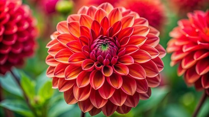 Vibrant red-centered dahlia flower displays intricate petals in sharp focus, showcasing its delicate beauty as a stunning addition to floral designs or macro photography.
