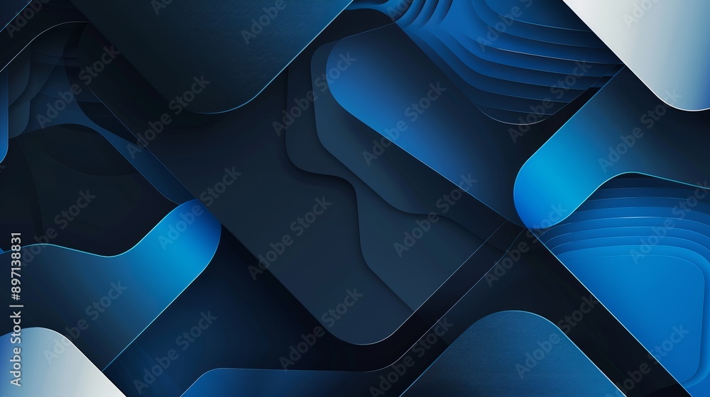 Poster flowing blue shapes creating depth and movement on a dark abstract background