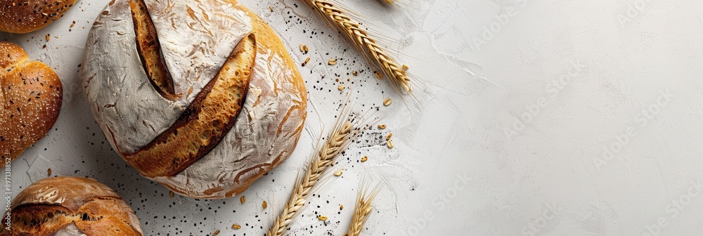 Poster a freshly baked wheat bread loaf with a crispy crust sits on a white background with golden wheat st