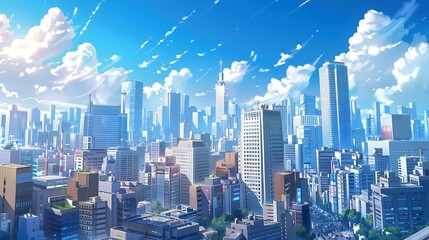 A Sunny Day in a Modern Cityscape with Skyscrapers and Clouds