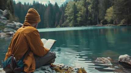 Calm lakeside with a person writing in a journal, mental wellness, relaxation