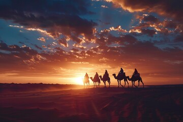 Fototapeta premium ai generative silhouette of a caravan of camels in the desert at sunset