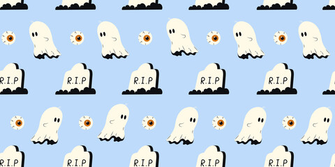 Cute Halloween seamless pattern with ghost, tombstone and eyes on pink background. Halloween various elements. Pattern for wrapping paper and print design. Stock illustration in cartoon style.