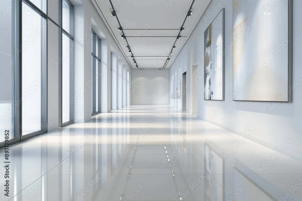 Poster a long corridor with multiple windows providing natural light and views