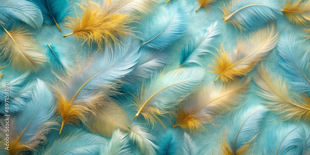 Poster Vibrant light blue and gold feathers with soft, fluffy texture and intricate details, creating a stunning abstract pattern with ample copy space for creative designs.