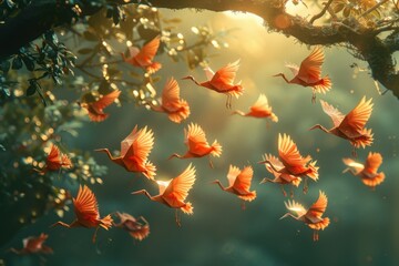 Flock of birds flying in the air near a tree, Animal background