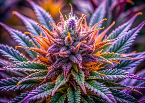Vibrant purple medical marijuana flower with pronounced trichomes, orange hairs, and surrounding leaves, showcasing intricate details in a high-magnification macro photograph.