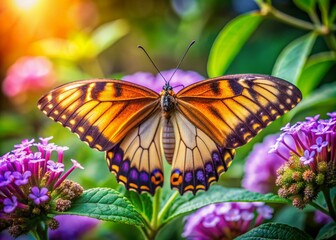 Delicate butterfly with intricate wings perches on a vibrant purple flower, surrounded by lush green leaves, in a warm and inviting natural environment.