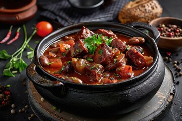 Beef stew with vegetables and parsley in a black pot