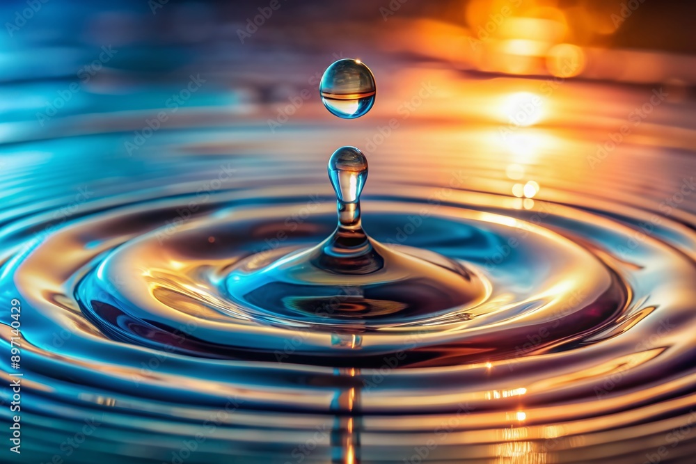 Poster a mesmerizing macro shot of a single water droplet making gentle contact with a calm surface, creati
