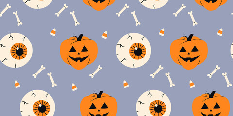 Cute Halloween seamless pattern with human eyes pumpkin and bones on a violet background. Halloween various elements. Pattern for and print design. Stock illustration in cartoon style.