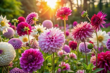 Vibrant dahlias in shades of pink, purple, and white bloom in a lush summer garden, surrounded by lush greenery and warm sunlight filtering through. © Four888