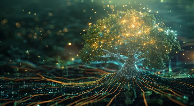 A tree with glowing branches and roots is the main focus of the image. The tree is surrounded by a dark background with a blue and green color scheme