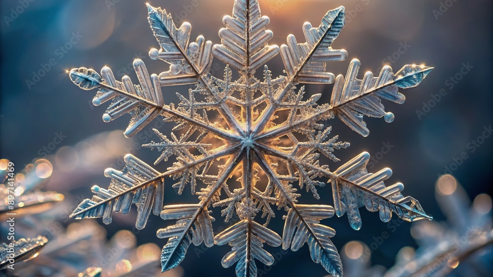 Poster intricately detailed, crystal-clear snowflake showcases delicate, lacy patterns and fragile, glass-l