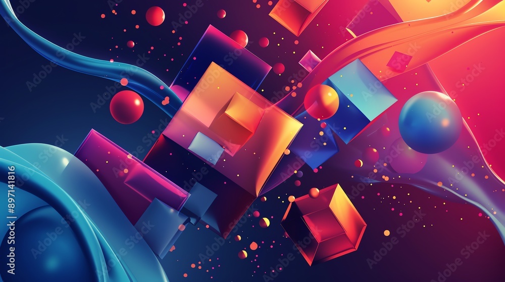 Poster an abstract background with floating geometric shapes, including cubes and spheres in vibrant colors
