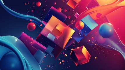 An abstract background with floating geometric shapes, including cubes and spheres in vibrant colors.