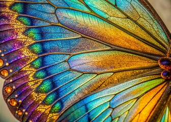 Vibrant microscopic view of an organic butterfly wing's intricate natural scales structure, showcasing iridescent colors and delicate patterns, set against a neutral background.