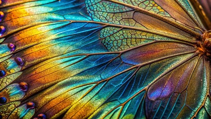 Macro view of delicate butterfly wing showcasing mesmerizing intricate patterns of iridescent scales, veins, and microscopic hairs in stunning ultra-realistic detail.